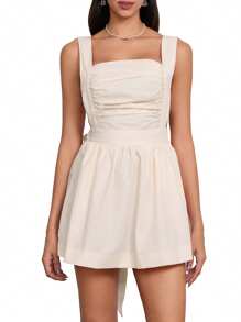 Women Sleeveless Tank Dress Ruched Big Bow Backless Square Neck Low Cut Summer Short Dresses - Beige - View 1