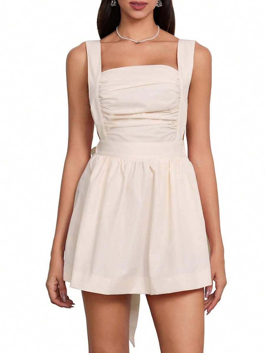 Women Sleeveless Tank Dress Ruched Big Bow Backless Square Neck Low Cut Summer Short Dresses - Beige - View 1