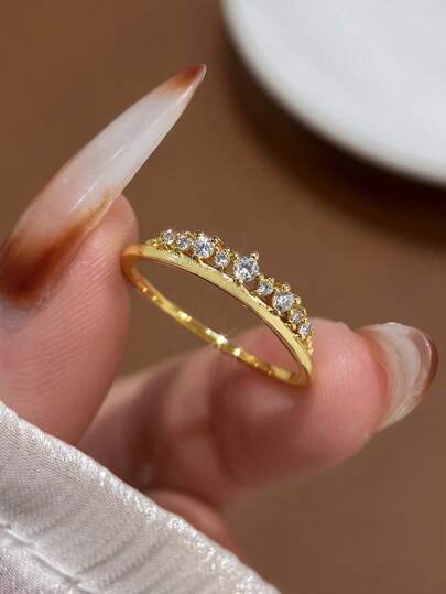 1 件 925 纯银百搭风格堆叠清新简约皇冠锆石弧形戒指女士日常通勤装饰戒指派对配饰女士高品质戒指精美珠宝礼物