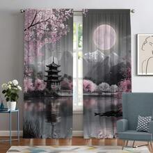 2件套，日式樱花亭图案，3D数码印花，适用于客厅、卧室、阳台、书房，营造浪漫氛围。 - 彩色 - 查看 5