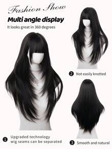 1 件合成耐热直发假发黑色，由纤维制成，适合日常使用，自然逼真的假发