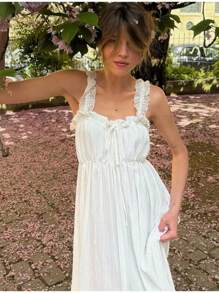 Women Long Tank Dress Lace Trim Tie-Up V Neck Sleeveless Backless Empire Waist Ruffle Dress For Evening Party Club