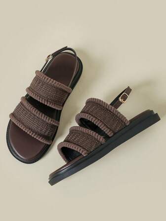 Thick Sole One-Strap Buckle Sandals, Suitable For Outdoor, Beach, Casual Wear, Retro Bohemian Style, Soft Bottom, Comfortable, Versatile, Elegant, Lightweight, Breathable, Fringed Woven Mesh Patchwork, Wedge Heel, Soft Sole, Spring/Autumn 2026, Round Toe, Fresh, Candy, Coffee Brown, One-Strap Roman Sandals, Plus Size Women 41-43