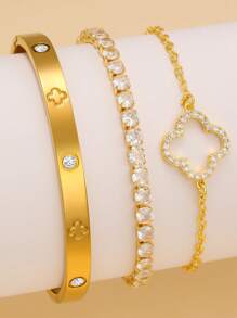 Elegante y brillante set de pulsera de acero inoxidable con trébol de cuatro hojas incrustado de circonita, adecuado para uso diario y como regalo para amigos