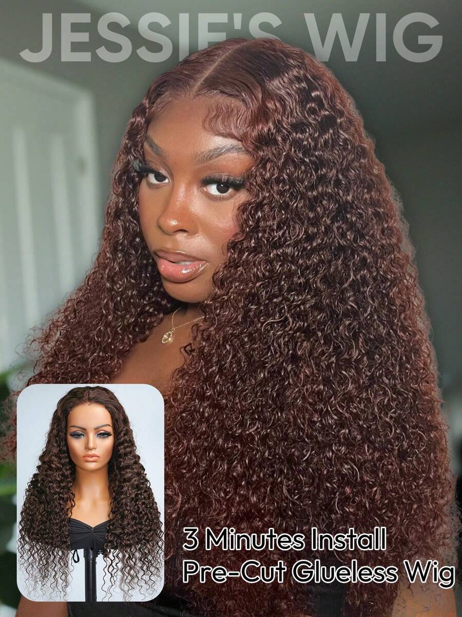 Jessie's Wig 升級版巧克力棕色水波紋捲髮 4x4 蕾絲前頂無膠人髮假髮 穿戴即走 180% 密度 100% 真人髮 16-26 英吋