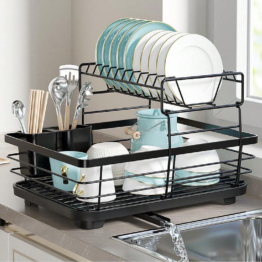 NetHong 1/2 Tier Dish Drainer Rack Cutlery Holder Plate Rack Kitchen Sink With Drip Tray Kitchen Organization