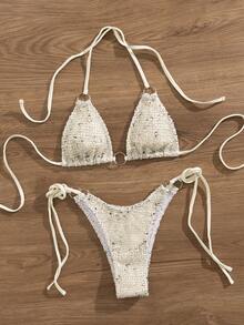 PEPPERMOLLY 全新柔软面料带金属环系带性感优雅派对比基尼套装，夏季时尚女士沙滩泳衣