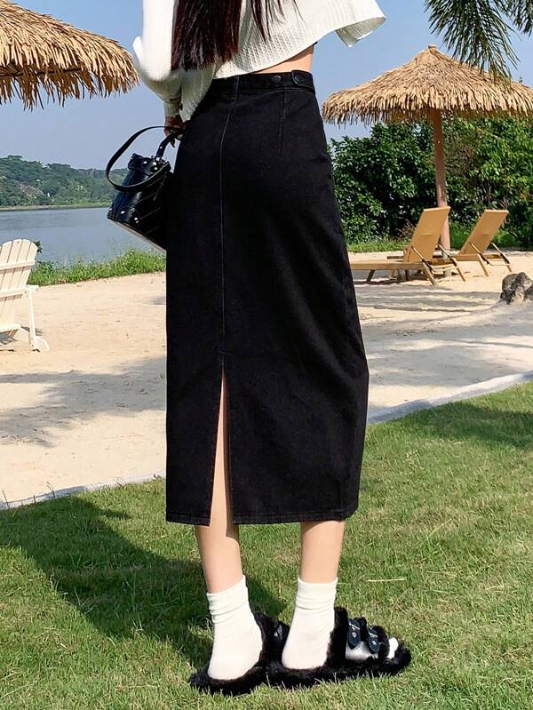 Women's Casual Adjustable Waist Vintage Washed Distressed Loose Denim A-Line Mid-Length Skirt With Slit