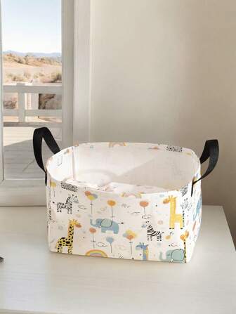1pc Giraffe & Elephant Print Open-Top Storage Basket With Handle, Multifunctional Organizer Bin, Holiday Gift, Mother's/Father's Day Present, Nursery Baby Diaper & Household Items Storage, Foldable, Lightweight, Suitable For Living Room, Bathroom, Kitchen - Home Essential