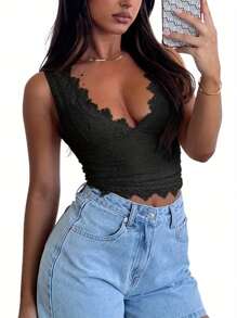 Women Tank Tops Lace Deep V-Neck Casual Vests Summer Fashion Sleeveless Tops Streetwear - Black - View 5