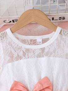 Girls Round Neck Cap Sleeve Elegant Lace & Gauze Dress, Comfortable Fabric, New Summer Collection - Pink - View 4