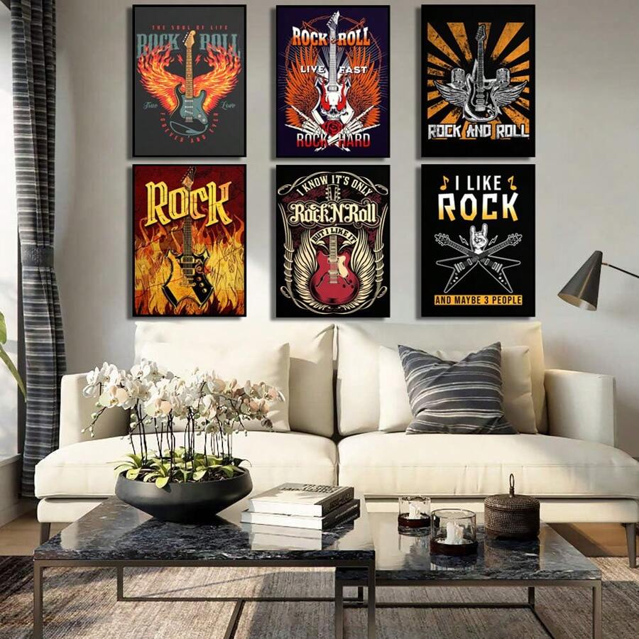 Set Of 1/3 Pcs Pop Rock Music Wall Arts Posters Witty Rock And Roll Guitar Design Pictures Canvas Printing Posters Bar Living Room Bedroom Home Decoration Unframed-Style ,Wall Art With Frame