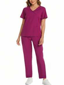 cimmuovere Uniforme de trabajo informal con top de manga corta con cuello en V cruzado y doble bolsillo, pantalón recto con cintura elástica para mujer. Conjunto de ropa de trabajo para enfermera, laboratorio, etc.