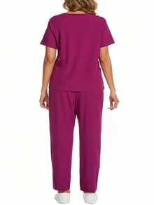 cimmuovere Uniforme de trabajo informal con top de manga corta con cuello en V cruzado y doble bolsillo, pantalón recto con cintura elástica para mujer. Conjunto de ropa de trabajo para enfermera, laboratorio, etc.