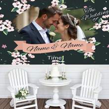 1 st. Aanpasbare Polyester Bloemen Verlovingsfeest Fotografie Achtergrond Banner Met Naam, Portret, Datum, Geschikt Voor Taarttafel, Huis, Muur, Buiten, Bewegwijzering, Decoratie