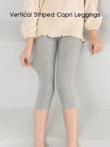 1 Stück Kinder Sommer elastische einfarbige vertikal gestreifte Caprileggings, weiche Strumpfhosen Kinder Caprihosen für Mädchen Alltagskleidung - Grau - Übersicht 1