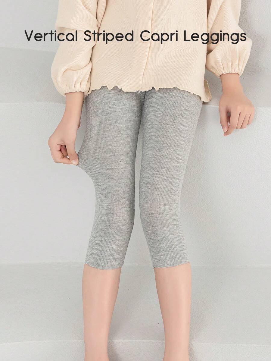 1 Stück Kinder Sommer elastische einfarbige vertikal gestreifte Caprileggings, weiche Strumpfhosen Kinder Caprihosen für Mädchen Alltagskleidung - Grau - Übersicht 1