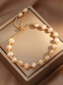 Baroque Shaped Freshwater Pearl Bracelet Pull-Out Daily Minimalist Mother's Day Gift - Gold - View 4