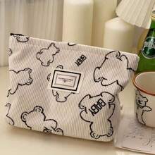 1pc Cute Bear Retro Simple Corduroy Makeup Bag Hand In Hand For Bag Storage,For Holiday Beach, Bathroom Collection, Bedroom Collection, Large Capacity - Multicolor - View 5