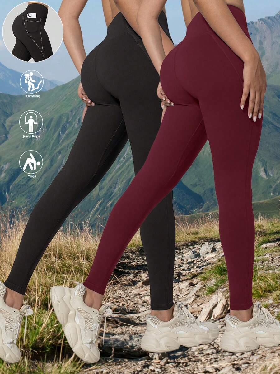 2 peças leggings esportivas femininas com bolso lateral, calças de ioga de cintura alta para treino