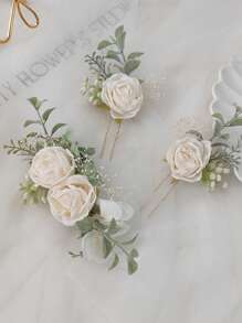 3pcs Rose Casual Fabric Floral Set, Bride Rose Headpiece, Wedding Flower Headband & Hair Clips Bridal Wedding Gift, Thanksgiving Gift For All Seasons - White - View 4
