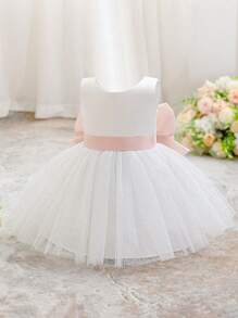 2pcs Baby Girls 0-2 Years Old Outfit Set Mini Dress, White Christening Robe Suitable For Role Play Party - White - View 4