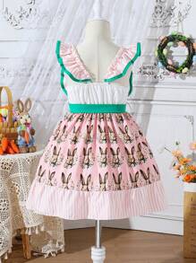 Easter Theme Young Girl Vintage Style Dress, Cute Rabbit Print + Bow Design, A Charming Dress Specially Made For Easter, Birthday Party, With Ruffled Hem And Pink Bow Decor, Lightweight And Lovely