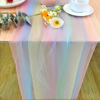 1 件彩虹渐变桌旗 - 优雅的淡粉色至蓝色涤纶透明面料，适合婚礼、节日、生日、咖啡桌和厨房餐桌装饰