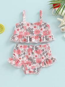 Traje de baño de bikini para niña, sin mangas, con hombros descubiertos, chaleco corto, para playa, piscina, pantalones cortos con volantes, traje de baño - Rosa intenso - Ver 3