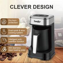 SONIFER Türkischer Kaffeebereiter mit Doppelbrühsystem, intelligentem Anti-Überlauf-Design, Temperaturregelung, 96-98°C präzise Heizung, 250ml PP Tasse, 304 Edelstahl Heizplatte, 700W Kaffeekanne
