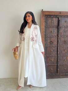 Elegant & Charming White Embroidered Long Abaya For Ladies, Suitable For Spring/Summer Events, Modest Kaftan