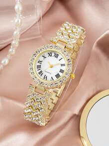 6-Piece Girl's Watch Set With Rhinestones, Roman Numeral Dial Quartz Watch + Bracelet, Necklace, Ring, Earrings, Alloy Band And Case, Gift For Mother's Day, Birthday, Anniversary - Multicolor - View 8