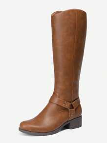 Women's Knee-High Boots, Comfortable Chunky Block Heel Pointed Toe Pull On Side Zipper Suede Slouch Riding Boots - Brown - View 3