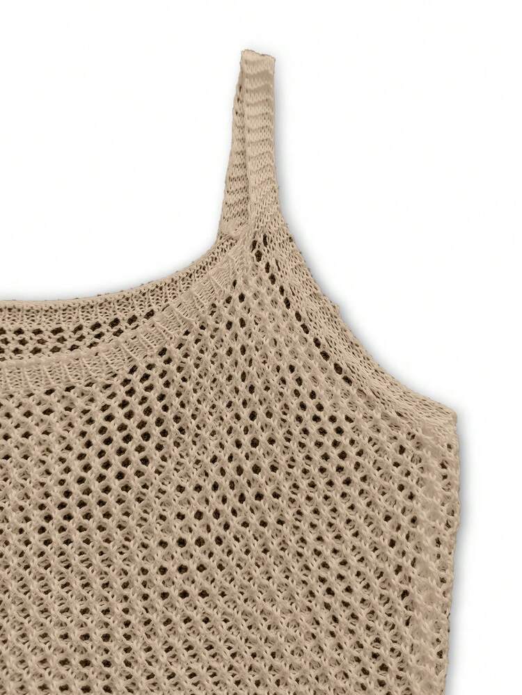 Abito canottiera lavorato a maglia con aperture, casual, per spiaggia e vacanza, abito da spiaggia estivo lavorato a maglia e traforato, abito copricostume bohémien scollo a V per donna, adatto per primavera/estate/autunno - Cachi - Visualizzare 10