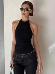 Top de tirantes finos ajustado y sin espalda, top de ajuste ceñido para capas, otoño/invierno - Negro - Ver 4