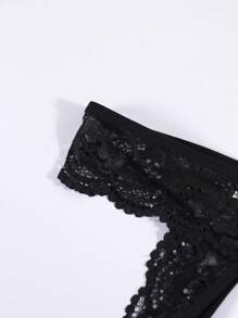 女士性感黑色半透明蕾丝拼布开裆内裤 - 黑色 - 查看 7