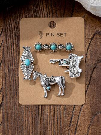 Set de 4 broches de estilo bohemio vintage - Estilo turquesa occidental, accesorio de moda, adecuado para sombreros y ropa casual - Diseños de sombrero vaquero, rayo, corazón, cactus, cruz, cabeza de caballo, cabeza de toro, accesorios para vestidos, alfileres para ropa, encantos para mochilas, para la escuela, la oficina, camisas, chaquetas, joyería, disfraces de Halloween, regalos para maestros, accesorios de Halloween, accesorios de disfraces, encantos para bolsos, Navidad