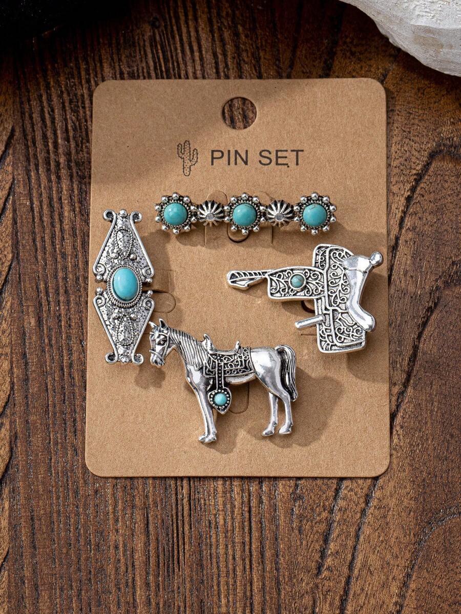 4 Stücke/Set Vintage Boho-Stil Broschen - Westlicher Türkis-Stil, Modezubehör, geeignet für Hüte und Freizeitkleidung - Cowboyhut, Blitz, Herz, Kaktus, Kreuz, Pferdekopf, Stierkopf Design Broschen Kleider Accessoires Pin für Kleidung Tasche Rucksack für Schule Büro Accessoires Hemden Jacken Schmuck Halloween Kleidung Pin Lustig Süß Lehrertag Geschenke Halloween Accessoires Kostümzubehör Taschencharms Weihnachten - Verschiedenfarbig - Übersicht 1