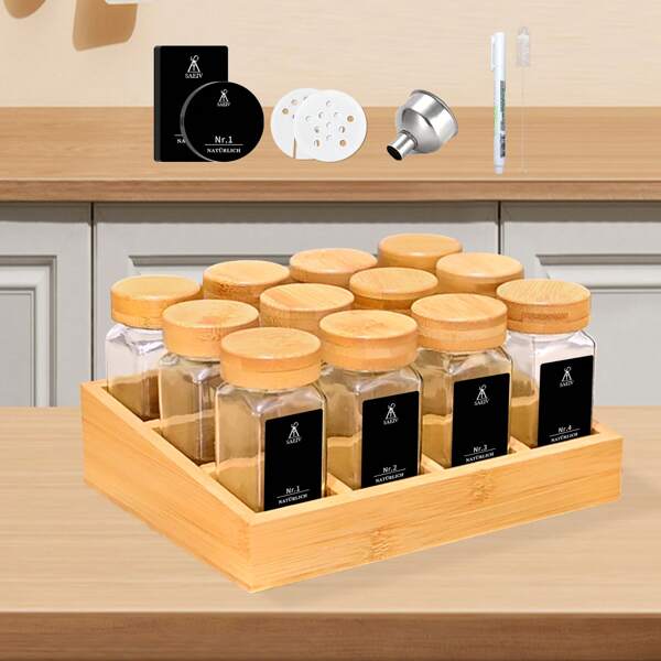 Étagère à épices en bambou naturel avec pots, ensemble d'armoires à épices avec 12/24 pots à épices carrés et étiquettes, étagère à épices en bambou pour une cuisine propre et organisée.