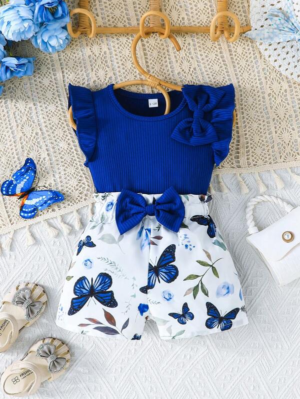 Baby Girl Clothing Summer Baby Girl Set Cap Sleeve Cute Bow Top & Butterfly Print Casual Shorts 2 Pieces Outfit