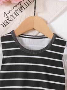MommBaby Young Girls 2 Pieces Set: Round Neck Lace Spliced Striped T-Shirt + Mesh Lace Skirt, Butterfly Decor, Casual Outdoor Wear For Children, Summer Party