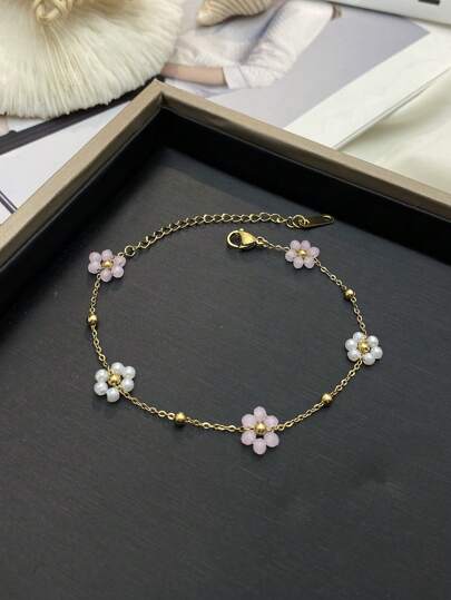 1pc Fashionable Delicate Twisted Faux Pearl Stainless Steel Bracelet With Pink Crystal Flower Handmade O-Link Chain Wristband, Suitable For Women, Spring/Summer/Autumn