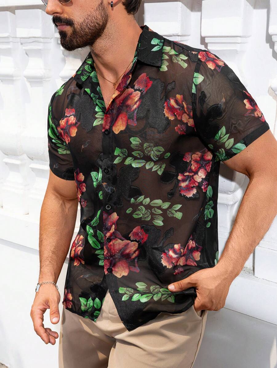 Men's Casual Button Up Short Sleeve Fashion Resort Beach Shirt - 黑色 - 查看 1