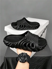 Unisex Fingerprint Lightweight, Elastic, Breathable Slide Sandals - Black - View 3