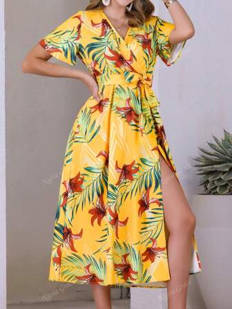 Gele jurk met zijsplit, gekruiste halslijn, formele jurk, elegante bohemian-stijl voor dames, met tailleband, outfit voor 4 juli, afstudeerjurk
