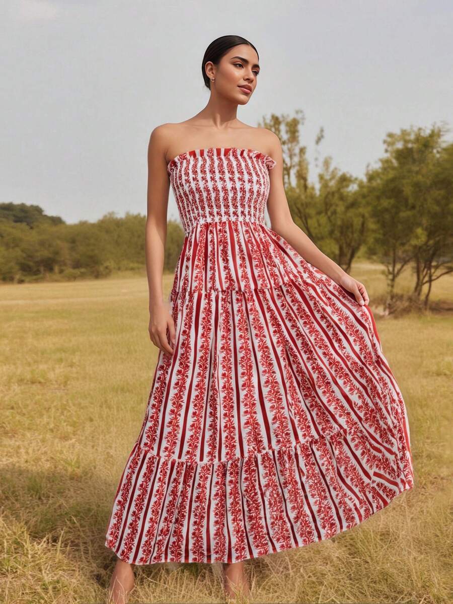 Strapless Dress For Women Ruffled Trim Flower Plant Pattern Sleeveless Tube Smocked Long Dress - Orange - View 1