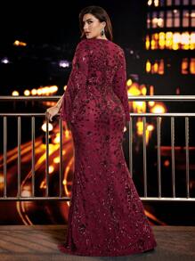 Elisanya Robe de soirée longue à fente, à encolure en V et manches longues à sequins, pour femmes. Robe de soirée moulante à manches longues et stretch, grande taille, pour soirée/tenue de mère (fortement ornée). Robe de bal élégante, pour invité de mariage, remise de diplôme, dîner