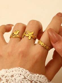 3 Stücke/Set modische Rose & Gänseblümchen strukturierte Edelstahlringe, vielseitiges Schmuckset für Damen, tolles Geschenk für Freunde