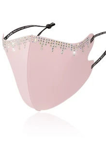 Rhinestone Decorated Fringe Thin Breathable Ice Silk Face Mask With Crystals,Solid Color Sun Protection,Summer
