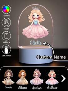 1 pièce Lumière d'illusion LED 3D de lampe de nuit décorative de cadeau d'anniversaire avec personnalisation de nom de princesses de bande dessinée, lumière chaude, cadeau de Noël